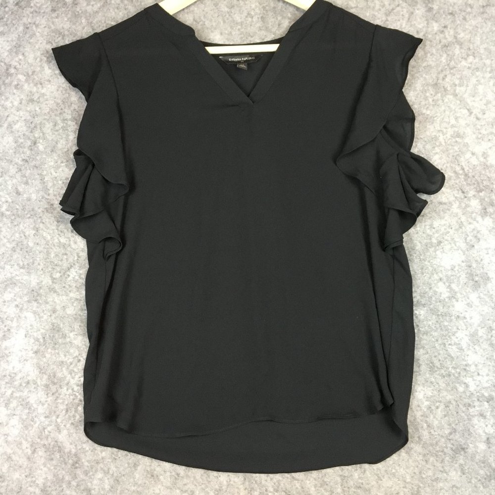 Banana Republic Top XS Blouse Chiffon Ruffle Sides Cap Sleeve Career Solid Black